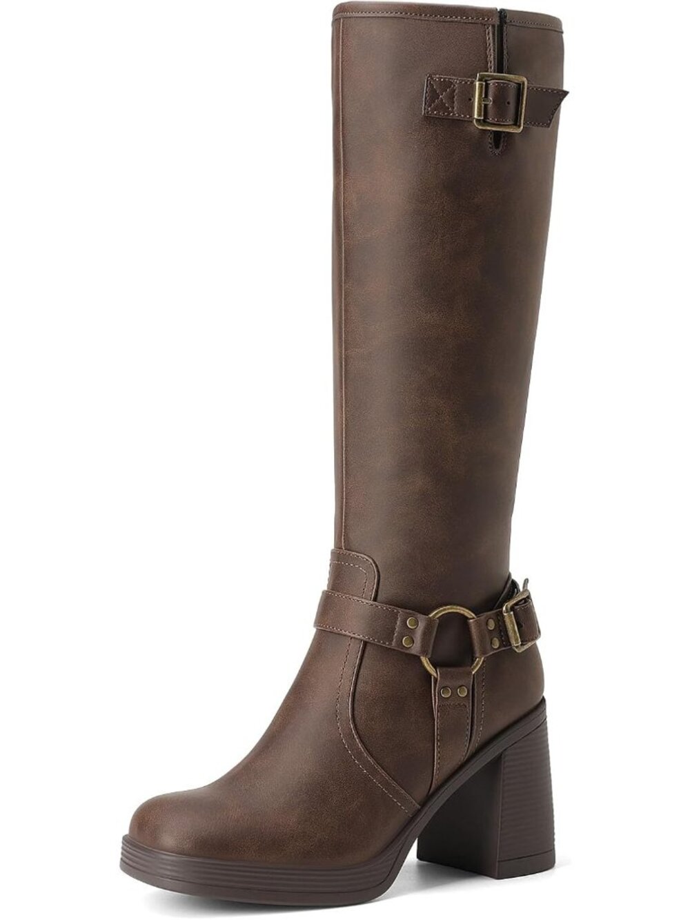 Women's Brown Faux Leather Block Heel with Platform Square Toe Knee High Boots